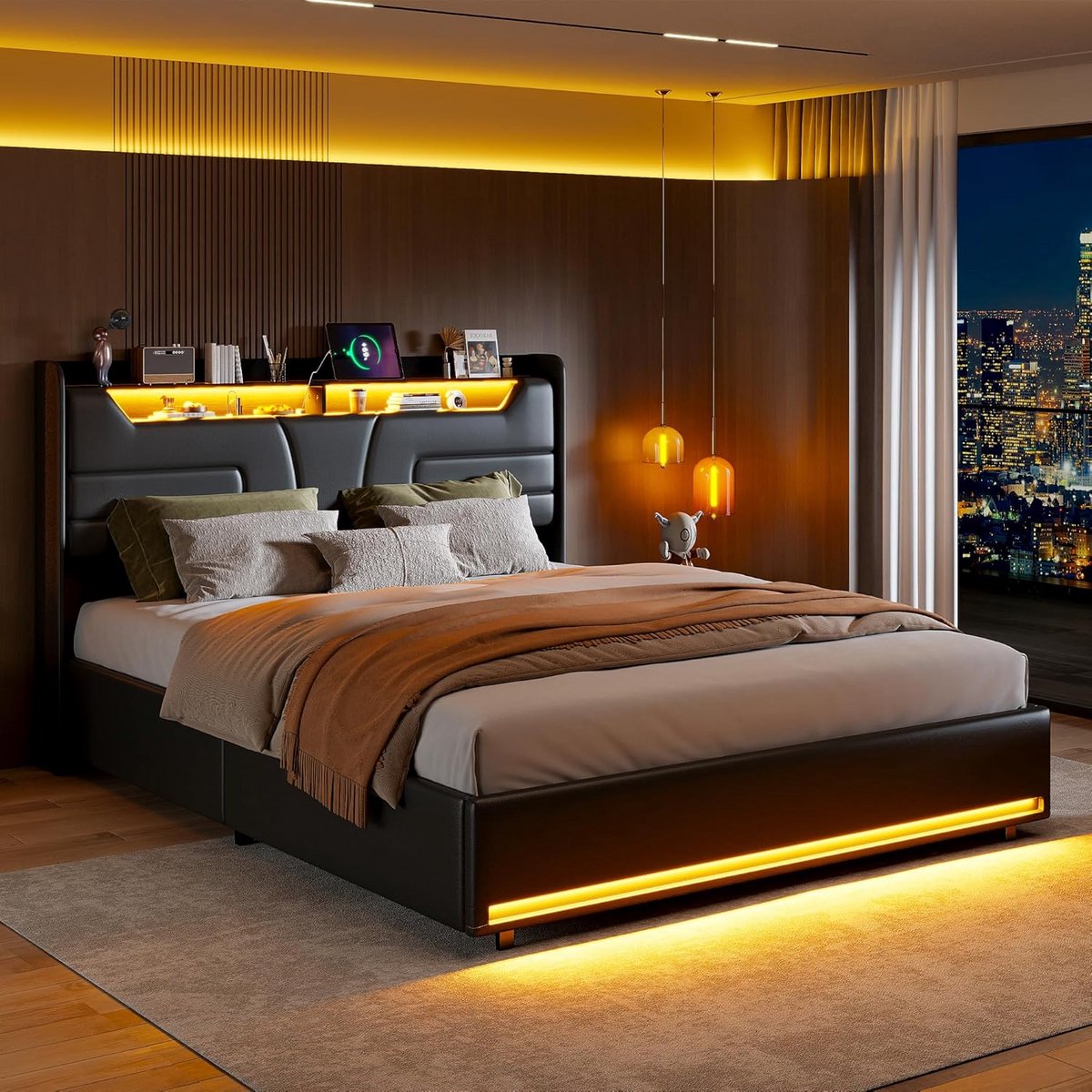 Hydraulisch Tweepersoonsbed 140x200 cm met LED-verlichting en USB-poort
