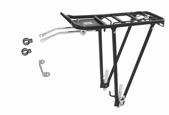 Zwarte Bonin bagagedrager voor fietsen van 24-28 inch, met montagemateriaal.