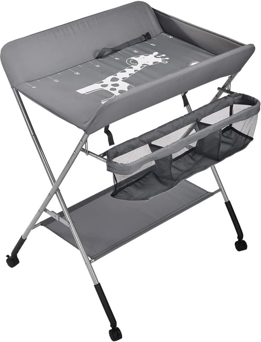 Luiertafel inklapbaar met opbergmand en veiligheidsgordel - 4 wielen, hoogte verstelbaar
