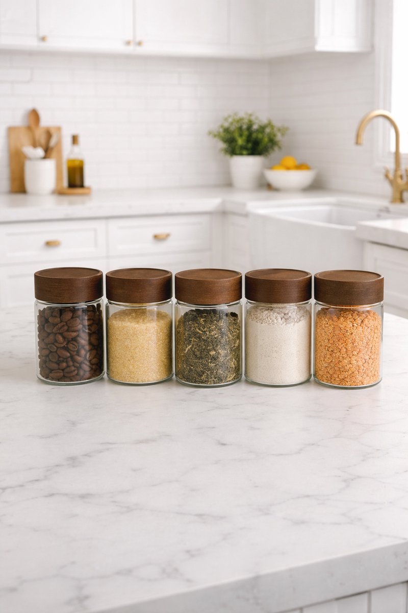 Mevaz 6-delige Luchtdichte Kruidenpotten Set van Glas met Houten Draaideksel – 375 ml – Ø6,5 × 15 cm