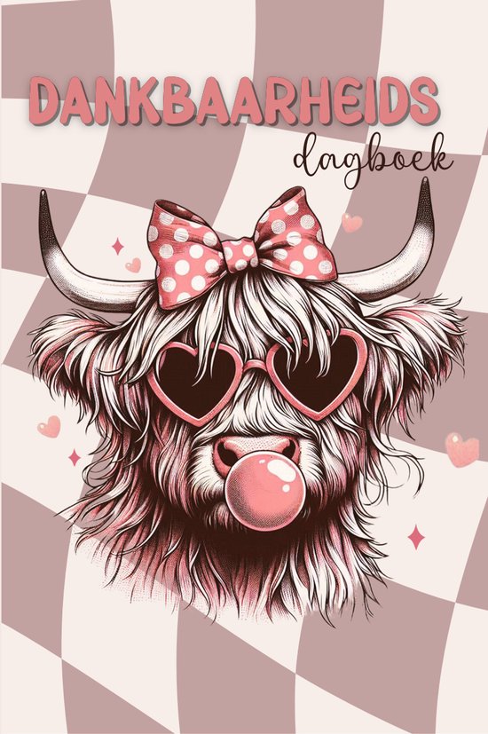 Dankbaarheidsdagboek met schattige, harige koe met roze hartjesbril, strik en kauwgom.