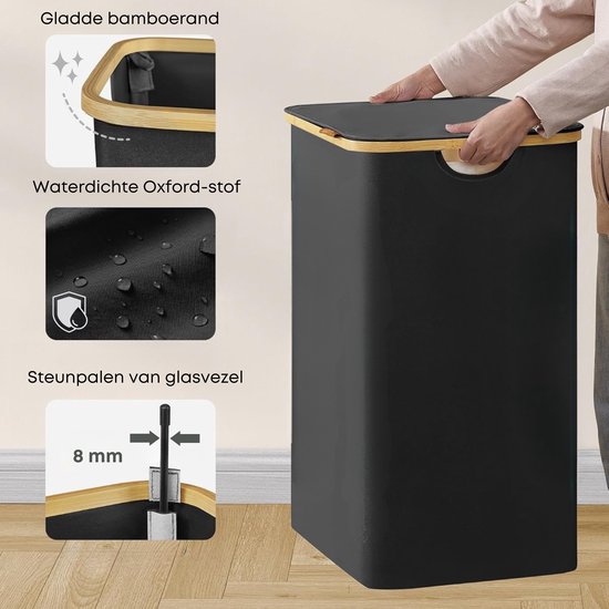 ACAZA Panier à Linge - Trieur de Linge - Panier à Linge avec Couvercle - Panier à Linge 2 Compartiments - Bamboe - 130L - Zwart