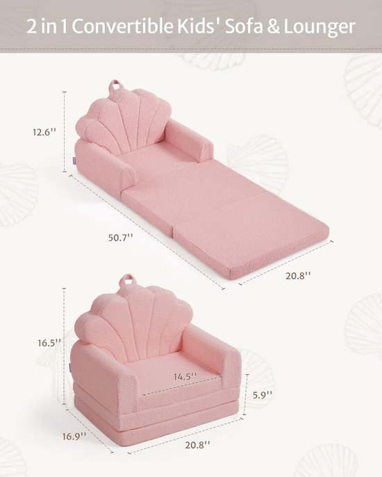 Kindersofa 2-in-1 Opvouwbare Toddler Bank Meegroeiende Stoel Roze Schelpontwerp — afbeelding 4
