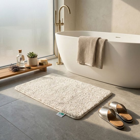 Crèmekleurige badmat in een moderne badkamer met badkuip, plant, zeep en zilveren slippers.