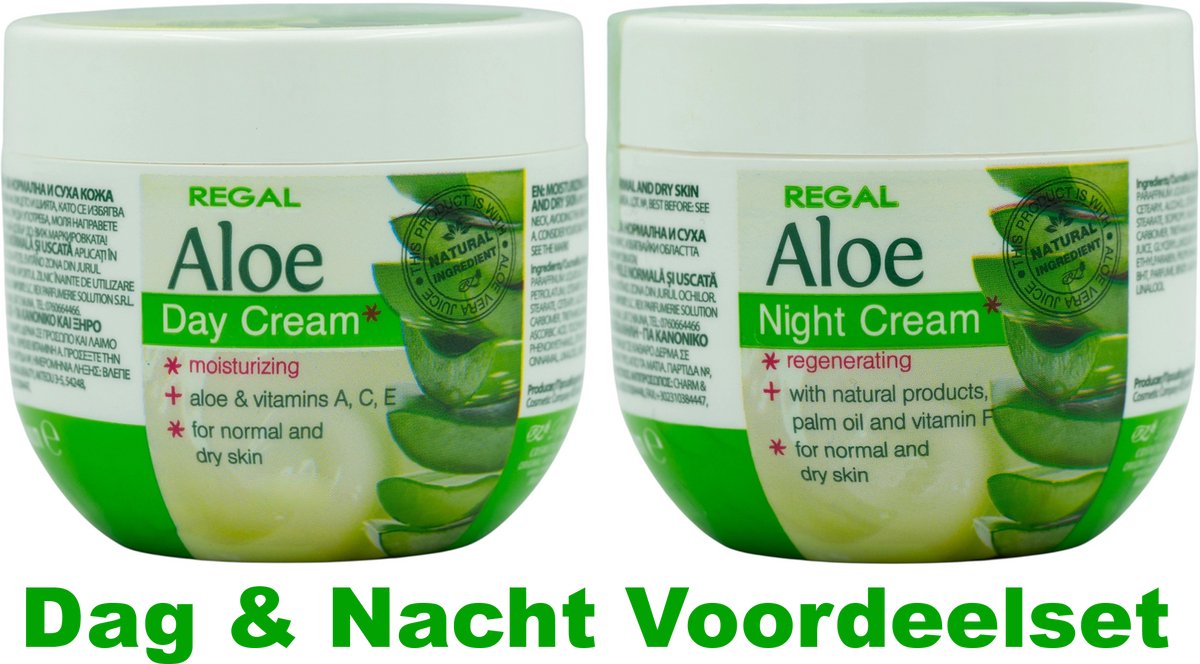 Regal Aloe Dagcrème + Nachtcrème Set – Hydraterende Gezichtsverzorging met Natuurlijke Aloë Vera & Vitaminen – voor Gevoelige, Normale & Droge Huid – 2 x 100ml