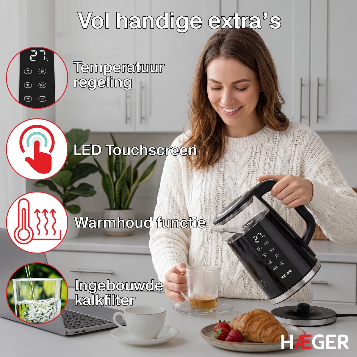 Haeger Digiglass Waterkoker met Temperatuurregeling - Anti-kalkfilter - Warmhoudfunctie - Dubbelwandig - Elektrisch - 1,7 Liter - 2200W - Zwart — afbeelding 2