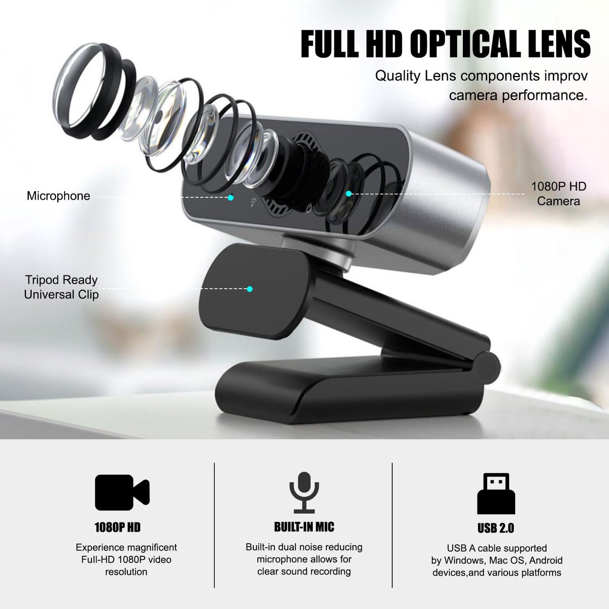 Webcam met microfoon 1080p HD, 360° verstelbaar, USB thumbnail 4