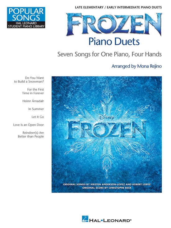 Livre intitulé Frozen Piano Duets. Couverture bleue avec un motif de glace et de flocons de neige. Les titres de sept chansons sont sur la gauche.