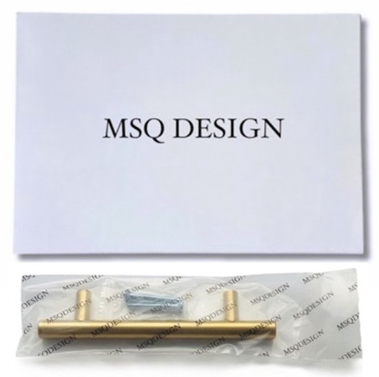 MSQ DESIGN T-vormige gouden greep met schroeven in verpakking.