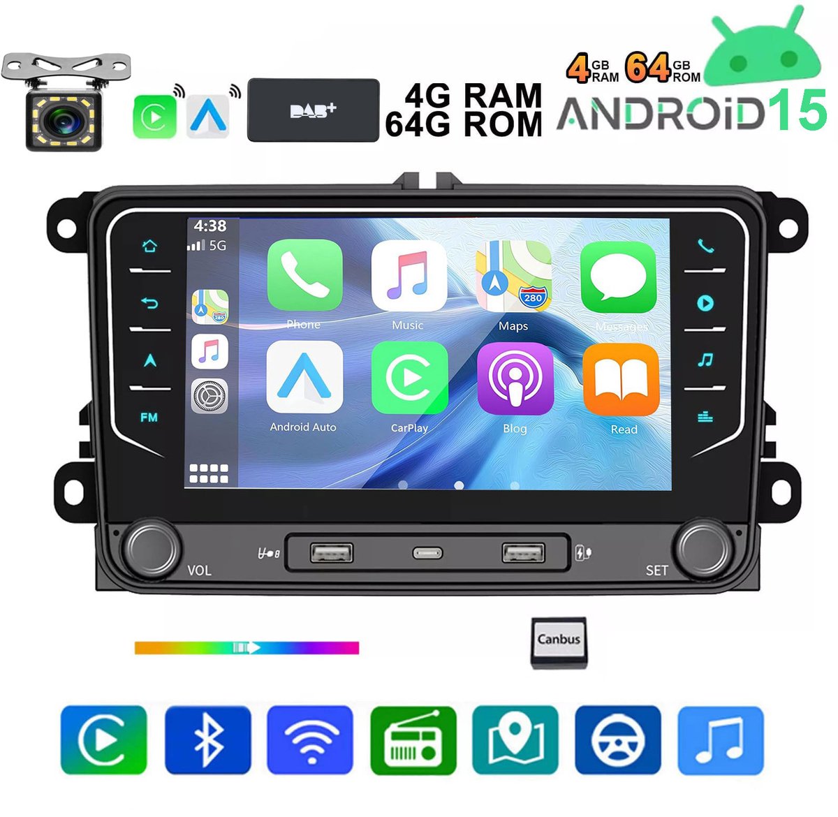 ESSGOO Autoradio met bluetooth Geschikt Voor VW Golf 5 6 Passat Skoda Fabia TIguan Touran Polo EOS Jetta - Android 15 - 4+64 GB - Navigatiesysteem - Wifi & FM - 7 inch HD touchscreen - Achteruitrijcamera - DAB+