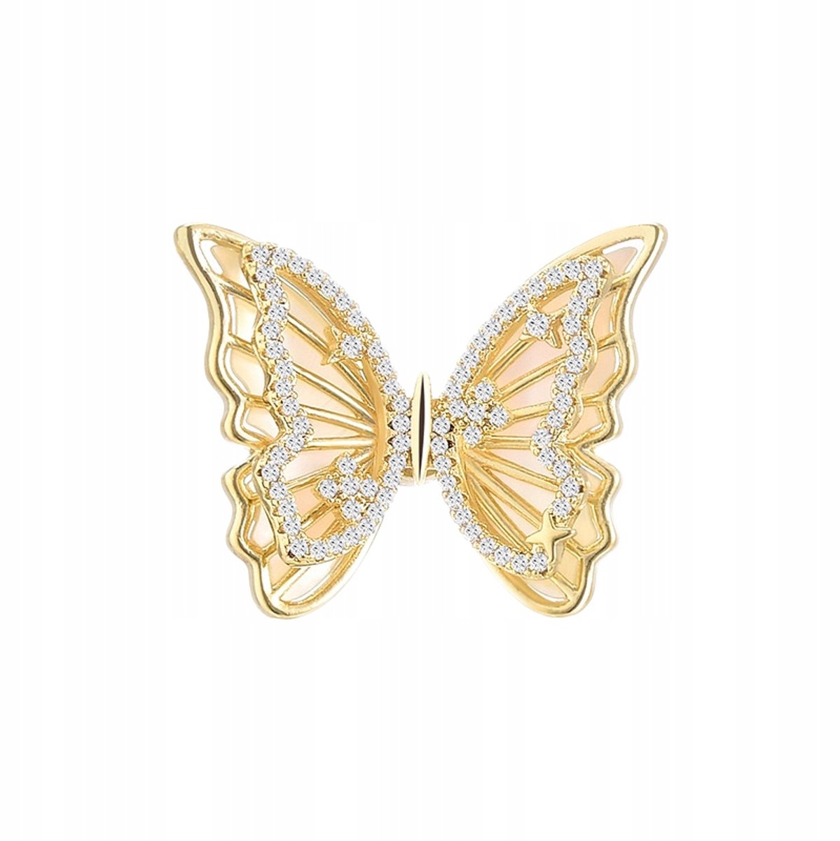 Pinets Nature - Gouden Motief Broche - 14K Verguld - Dubbele Vleugels - Versierd Met Zirkoon