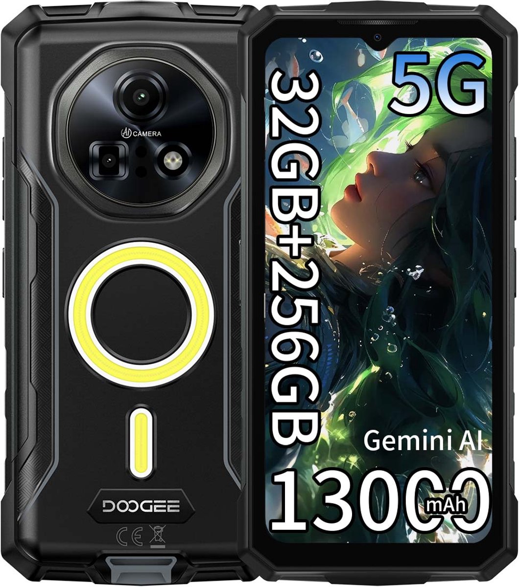 DOOGEE Fire 7 Pro Robuuste smartphone 5G - 32GB RAM - 256GB ROM - 13000mAh 33W - 6,56 inch - IP68/IP69K Outdoor Telefoons - Android 15 - Nachtzicht, Face ID, NFC, GPS, OTG - Zwart