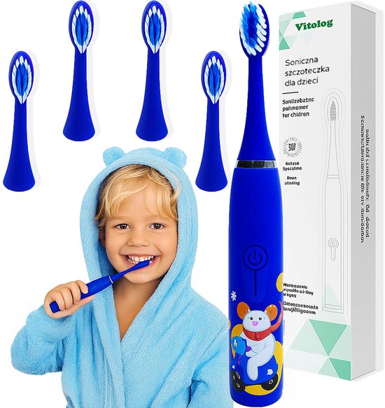 Vitolog - Sonic Elektrische Tandenborstel - Kinderen - 4 Opzetstukken - Blauw - Mishaandeling