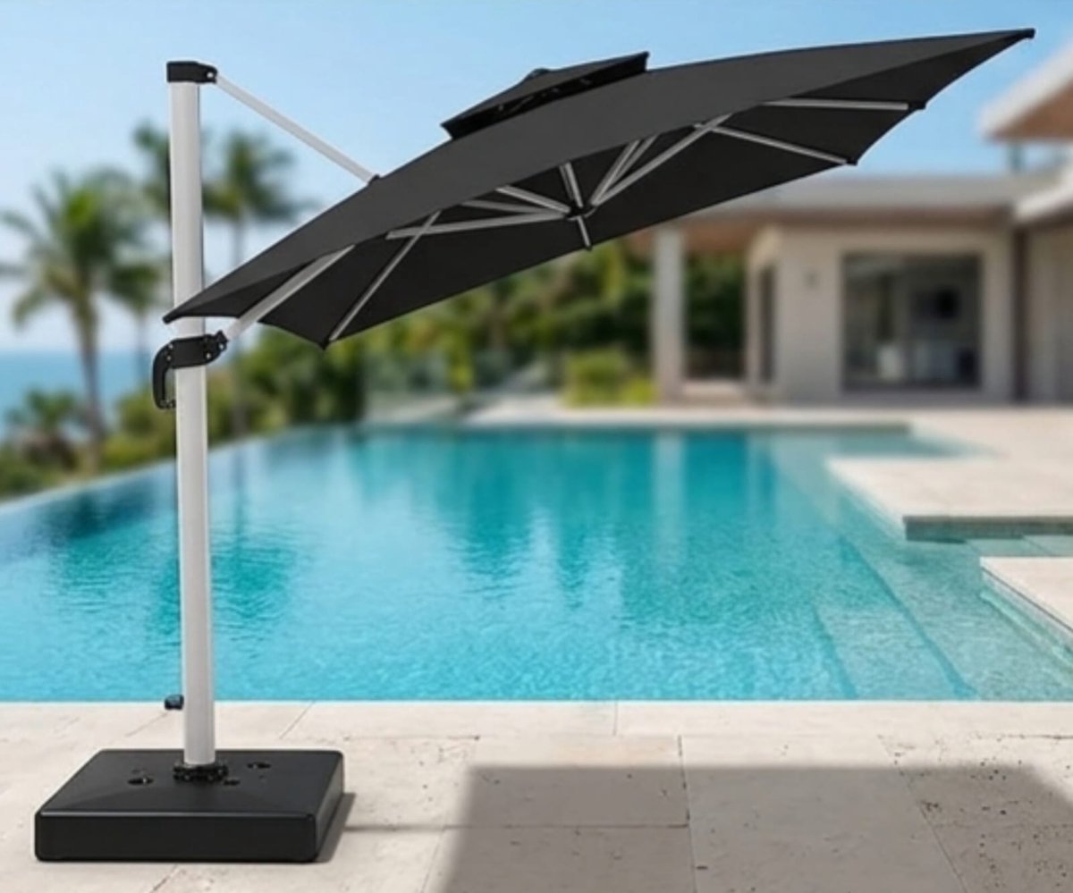 Zweefparasol 300x400 cm XXL Balkon & Tuin – Aluminium Luxe Hangparasol met Voet, 360° Draaibaar, UV50+ Zonwering, Waterafstotend, Verstelbare Hoogte & Kantelbaar – Beige – NoviHome