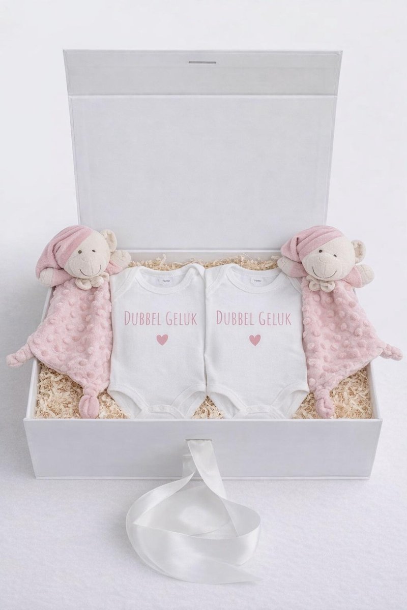 Luxe Tweeling Cadeauset – Baby Giftbox met 2 Rompers “Dubbel Geluk” & 2 Knuffeldoekjes – 0-3 Maanden – Uniek Kraamcadeau