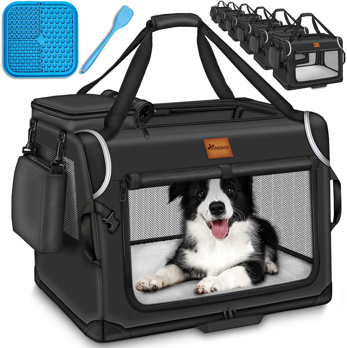 TRESKO® Opvouwbare hondenbox inclusief likmat en spatel, XXL, 92 x 63 x 63 cm, transportbox voor honden en katten, hondentransportbox voor kleine en grote honden, hondentas, robuust, zwart