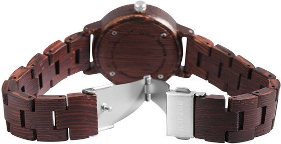 Sluiting van een Raptor horloge met bruin houten band en rosegouden gesp met Raptor logo.