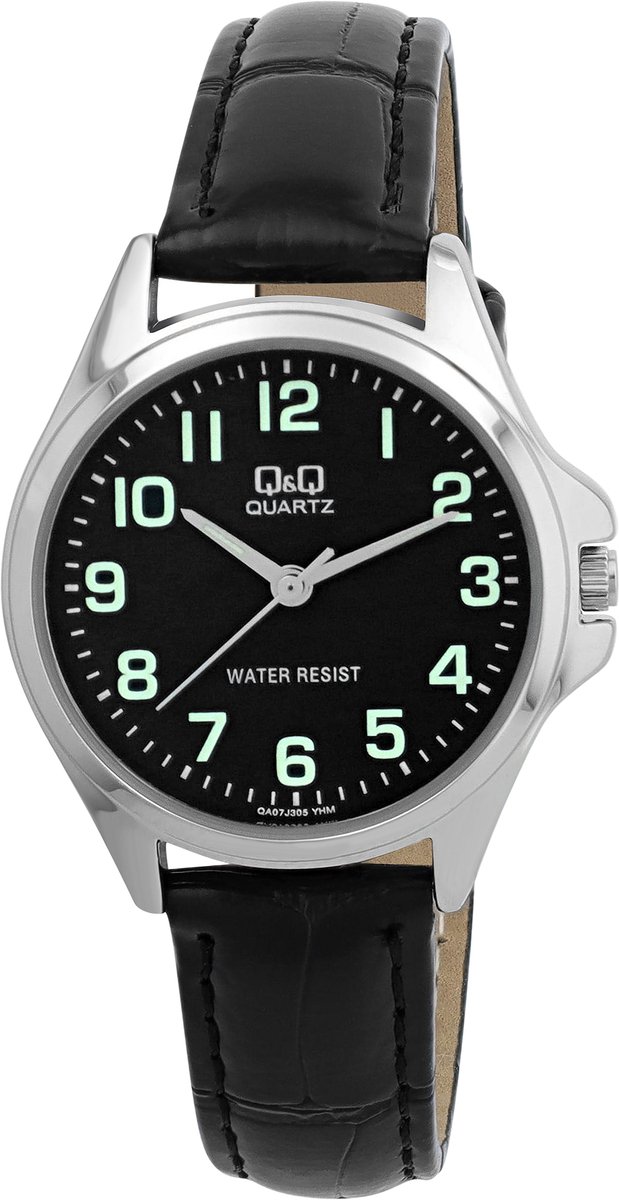QQ QA07J305Y - Horloge - Analoog - Dames - Vrouwen - leren band - Metaal - Rond - Zwart - Zilverkleurig - 5 ATM