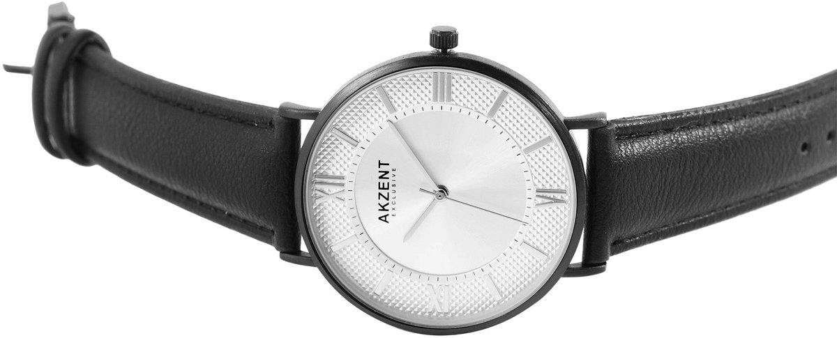 Akzent-2900182-001-Herenhorloge-zwart-witte wijzerplaat-Romeinse cijfers-diameter 41 mm-3 atm waterdicht