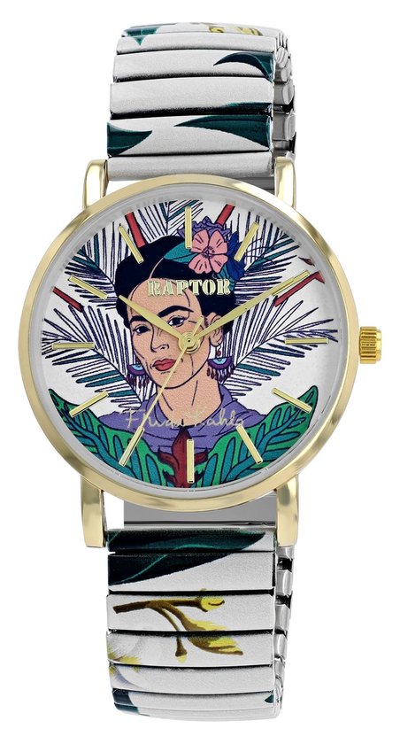 Gouden horloge met witte band, bedrukt met bloemen en een portret van Frida Kahlo.