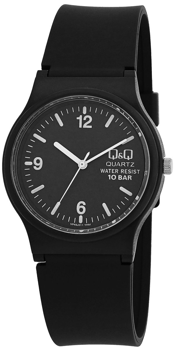 QQ VP46J011Y - Horloge - Sport - Analoog - Unisex - Plastic band - Rond - Cijfers - Kunststof - Zwart - Wit - 10 ATM