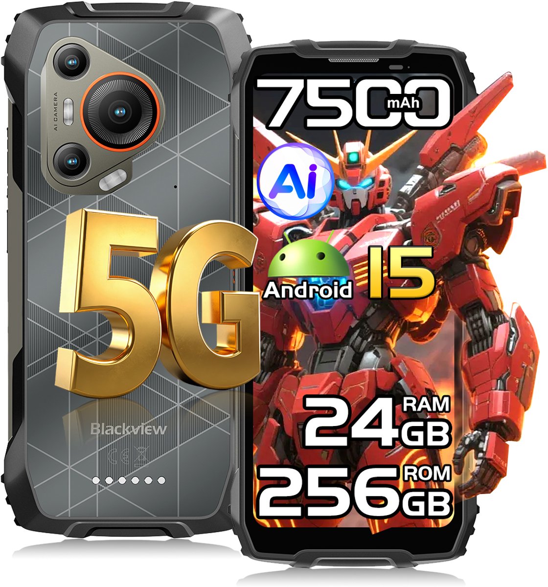 Blackview BL7000 - Smartphone 5G - 6.78 inch - Android 15 - 24GB RAM - 256GB ROM - 50MP Camera - 7500mAh - IP68 Waterdicht - NFC - OTG - GPS - FM - Zwart