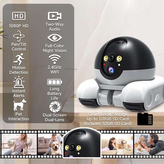 Robot Huisdier Camera - 1080p Mobiele Binnenbeveiliging - 2.4GHz WiFi - Tweerichtingsaudio - 360° Bewegingsdetectie - Met 32GB SD Kaart - 5200mAh Batterij - Kleurnachtzicht - Voor Katten en Honden van Merkloos — afbeelding 4