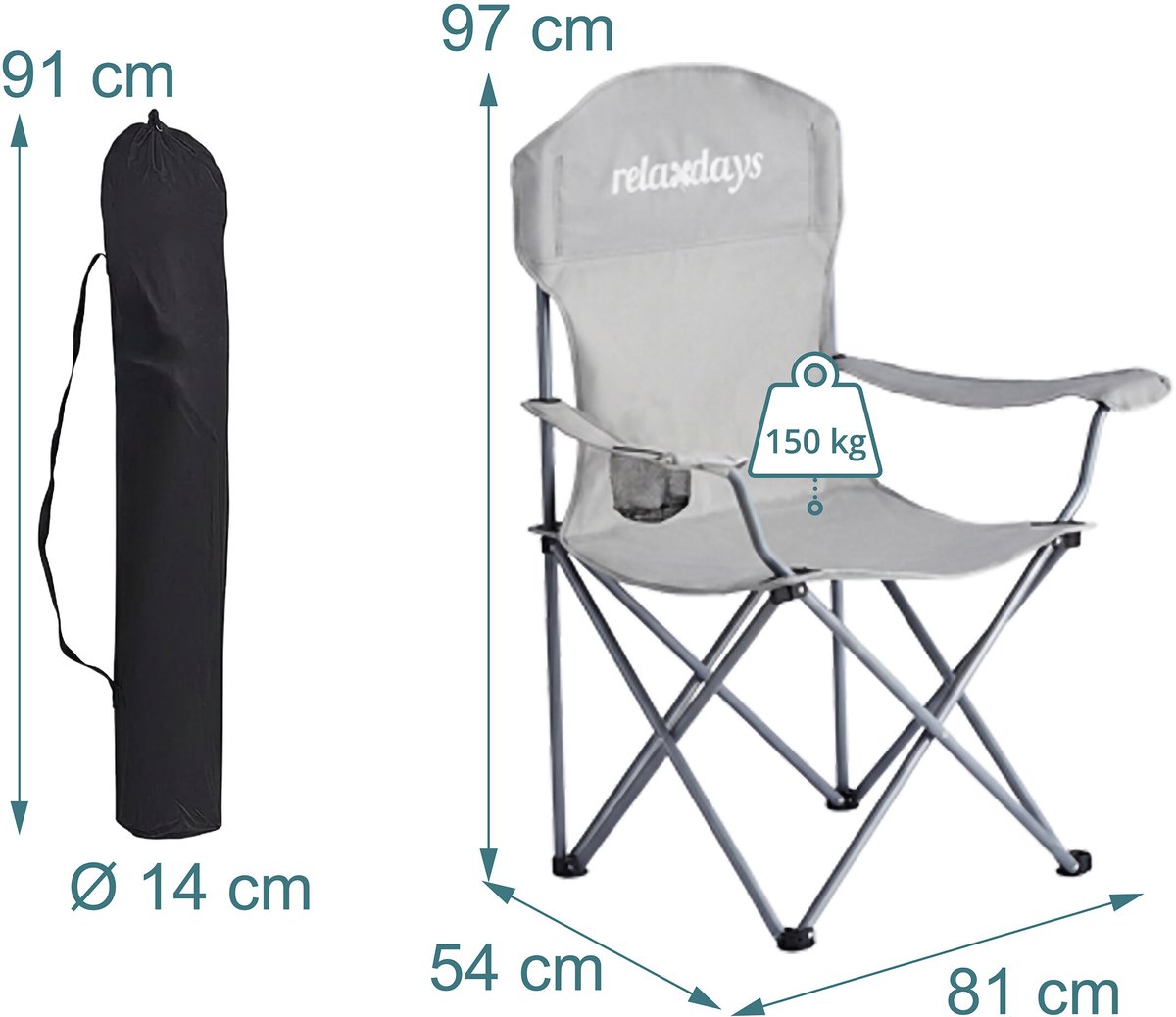 Campingstoel - 2 stuks - opvouwbaar - met bekerhouder - grijs — cadeau in Sport & Outdoor - foto 3