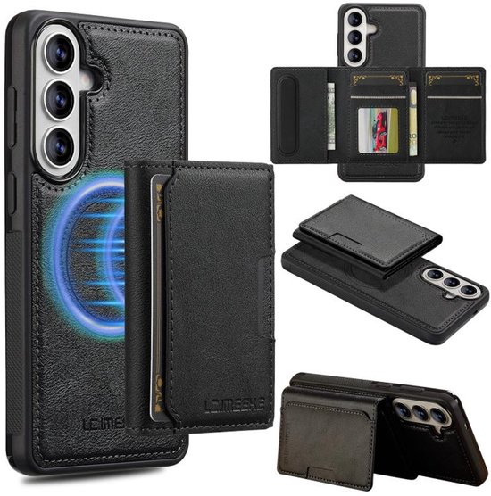 Samsung Galaxy A37/A36/A56 5G hoesje zwart TPU kunstleer met afneembare magnetische pasjeshouder (4 pasjes)