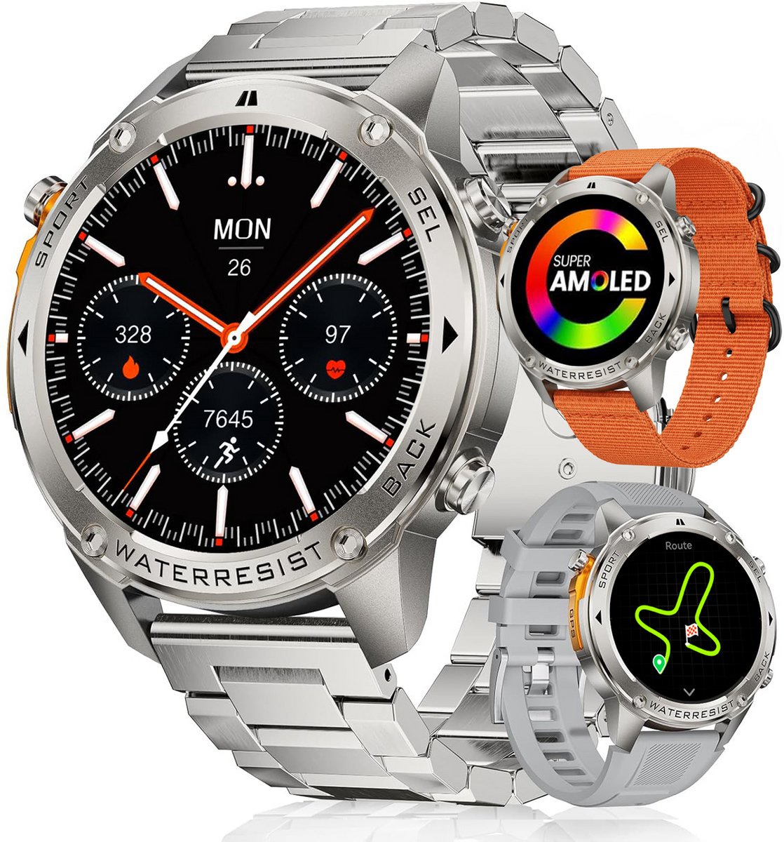 Synyq GPS Pro - GPS Smartwatch Heren - 3 Bandjes - 51mm - AMOLED Scherm - 5ATM Waterdicht - Belfunctie - 170+ Sportmodi - Stappenteller - Hartslag, Slaapmeter, SpO2 - Smartwatch Heren - Horloge Heren - Sport Horloge - IOS & Android