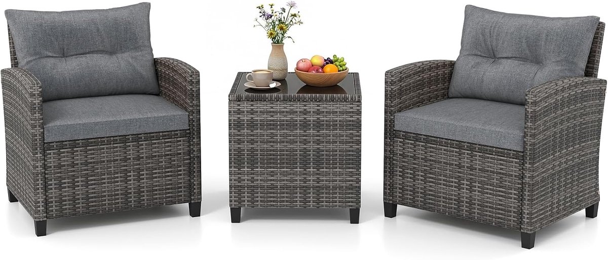 KOMFOTTEU Rotan tuinmeubelset, balkonmeubelen klein balkon, lounge tuinmeubelset, balkon meubels voor 2 personen, tuinlounge set 2 stoelen en tafel, 3-delig tuinzitgroep incl. zit- en rugkussens