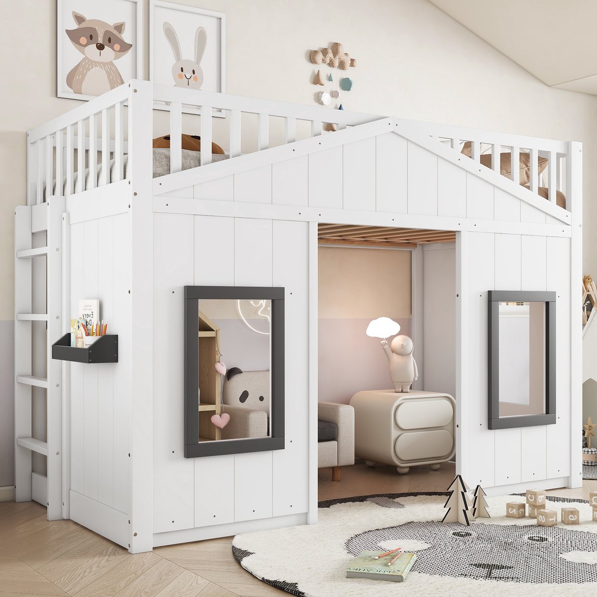 Kinderbed 90x200cm, Hoogslaper Huisbed, met trap, met Valbeveiliging en Leuning, Kinderbed met Raam, Vrij Configureerbare Onderkast, Grenen Frame, Grenen + MDF, Wit