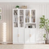 VOWNER Boekenkast met Glazen Deuren - 2-delige Vitrinekast Set - 180 cm Hoog - Wit - Opbergkast met Verstelbare Planken en Lades