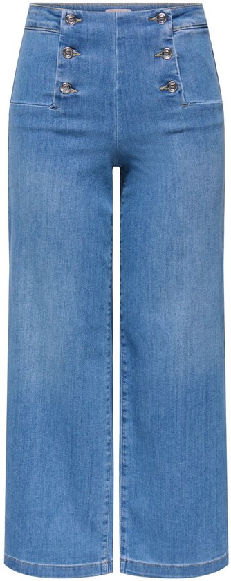 Voorkant van een wijde, cropped jeans met hoge taille en knopen.
