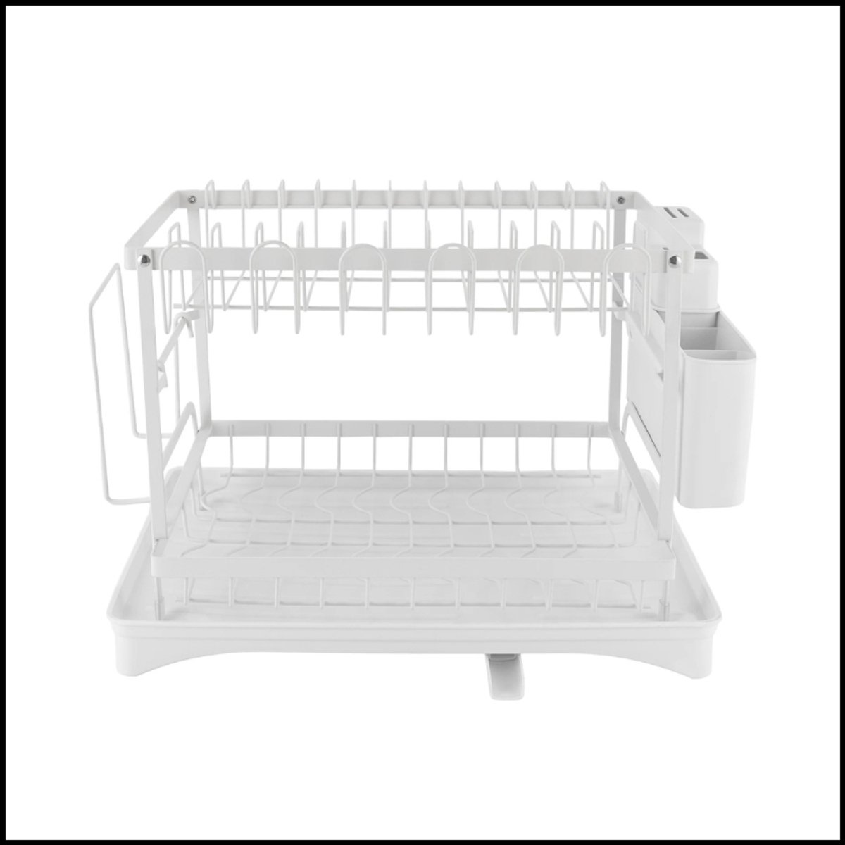Afdruiprek 2 Laags Met Bestekhouder - Keuken Organizer Met Uitloop - Grote Capaciteit - Wit