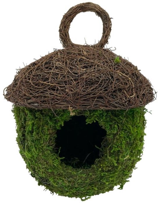 Nestkastjes voor vogels -16x16x21 cm - rattan en mos Geschikt als decoratie maar ook als nestkast voor mus, koolmees of pimpelmees het Vogelhuisje nestkast kan buiten hangen