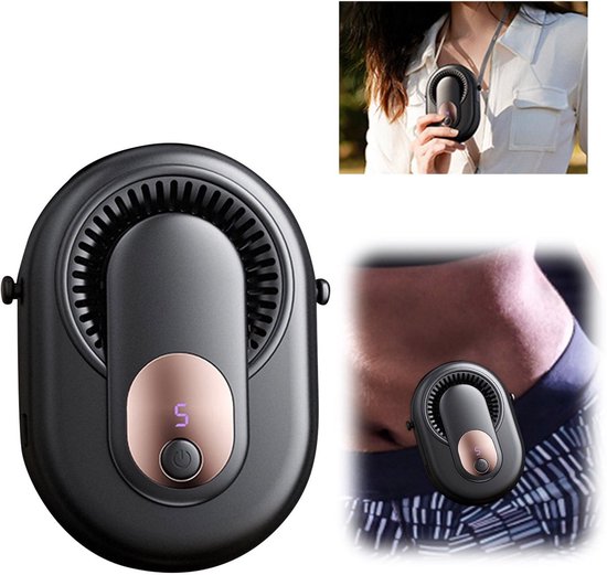Draagbare 4-in-1 ventilator voor nek, taille, hand en tafel – bladloos, USB oplaadbaar, 5 snelheden, zwart