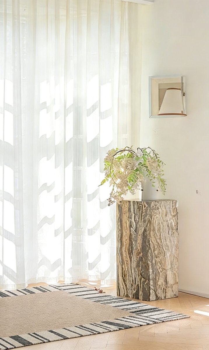 Floraweg moderne, minimalistische vitrages met verticale strepen; lichtdoorlatende vitrages voor erkerramen in de woonkamer; witte vitrages met een huiselijke uitstraling, 132 x 160cm