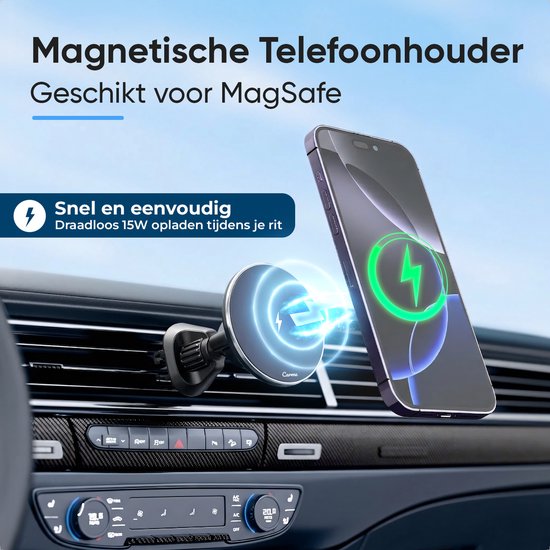 Zwarte magnetische telefoonhouder met blauwe gloed, bevestigd op ventilatieopening, met iPhone die draadloos laadt.