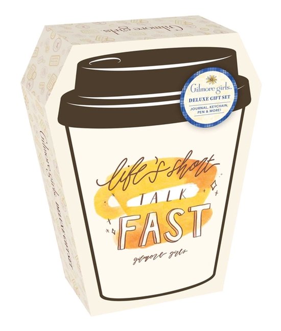 Gilmore Girls Deluxe Gift Set in koffiebekervorm met de tekst 'life's short TALK FAST'.