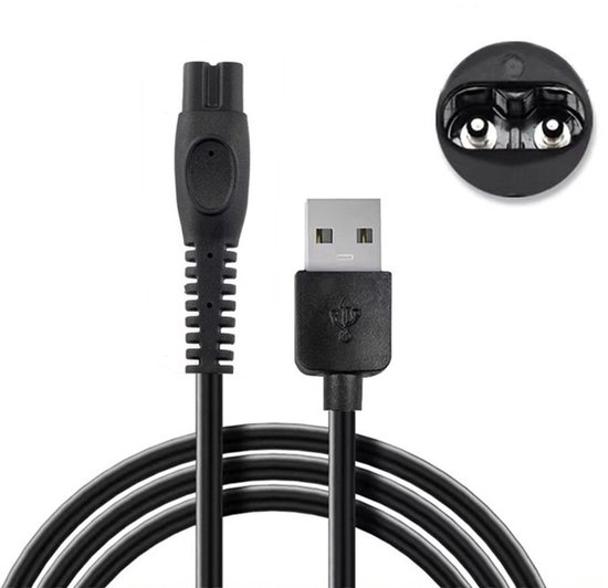 Câble USB noir avec une fiche bipolaire d'un côté et une fiche USB-A de l'autre.