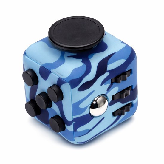 Fidget cube met blauw camouflagepatroon, met knoppen en schakelaars.