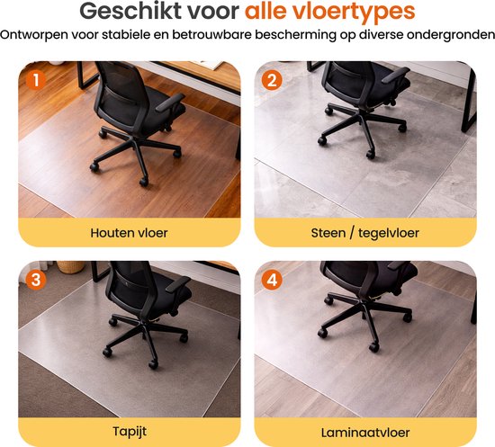 Vier afbeeldingen van zwarte bureaustoelen op transparante vloerbeschermers op houten vloer, stenen/tegelvloer, tapijt en laminaatvloer.
