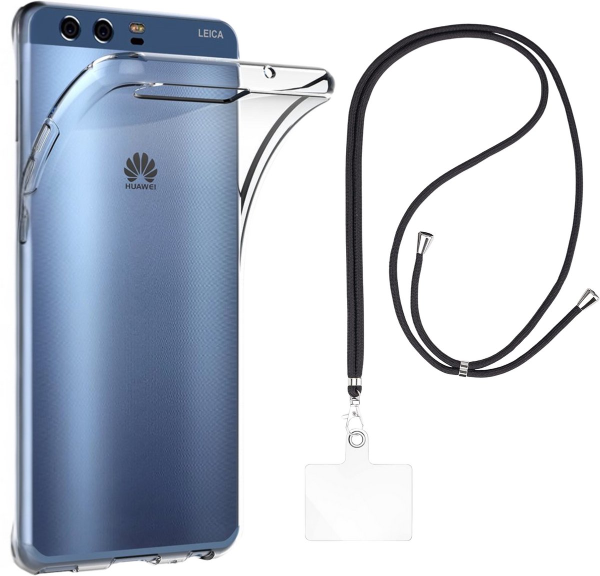 Set met hoesje en nekband voor huawei p10 - Flexibele, transparante TPU-bescherming, verstelbare universele nekband voor mobiele telefoons, zwarte nekband, transparante draagriem van Phonillico®