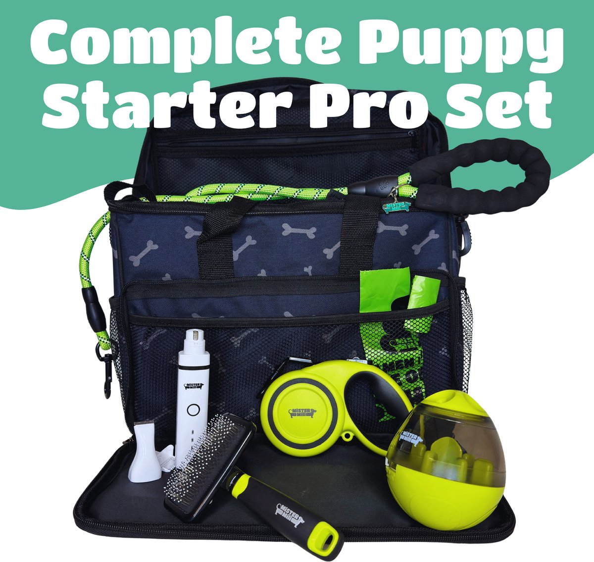 Mister Mill Complete Puppy Starter Pro Set – 14-delige Puppy Set – Honden Verzorging & Training Set – Puppy Pakket met Tondeuse, Puppy Borstel, Riem, Puzzel & Accessoires
