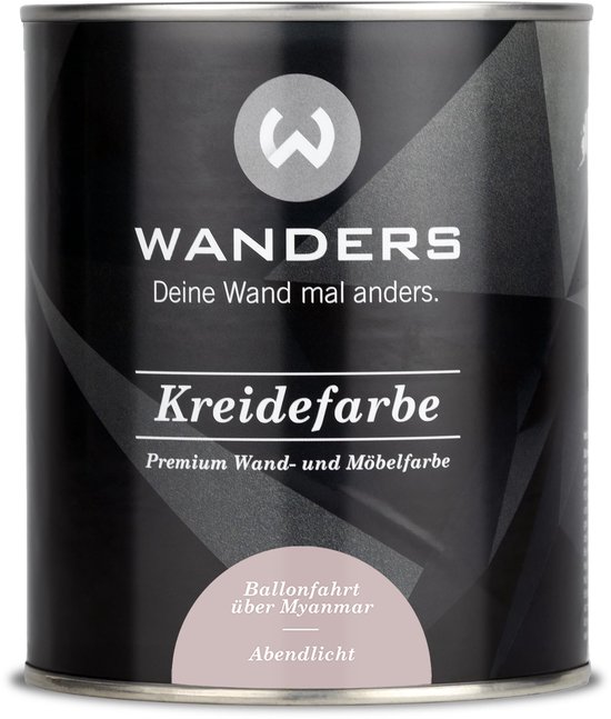 Zwarte blik met het Wanders logo en de tekst 'Kreidefarbe', in de kleur 'Abendlicht'.