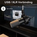 Zwarte microfoon met schuimstofkap, aangesloten via USB/XLR, boven een computer met muzieksoftware.