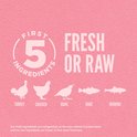 Orijen 'First 5 Ingredients' met afbeeldingen van kalkoen, kip, kwartel, hake en haring.