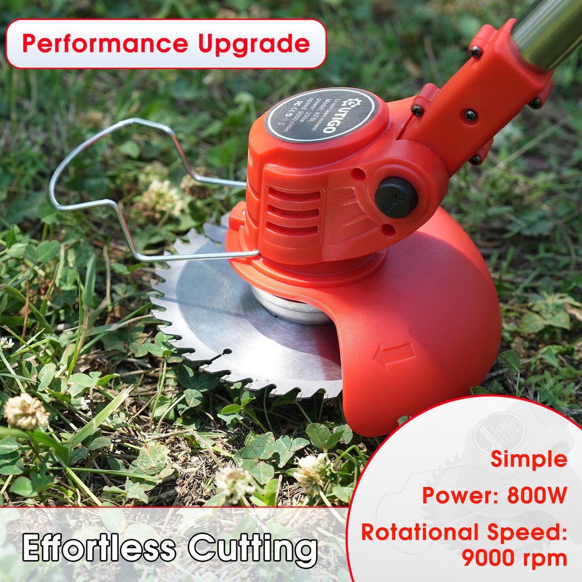 Accu grastrimmer met accu,OUTIGO opvouwbare grasmaaier, Draadloze grasmaaier, gazonkantentrimmer met 2 accu's 21V en 4 mestypen + 1 tuinschaar – foto 7