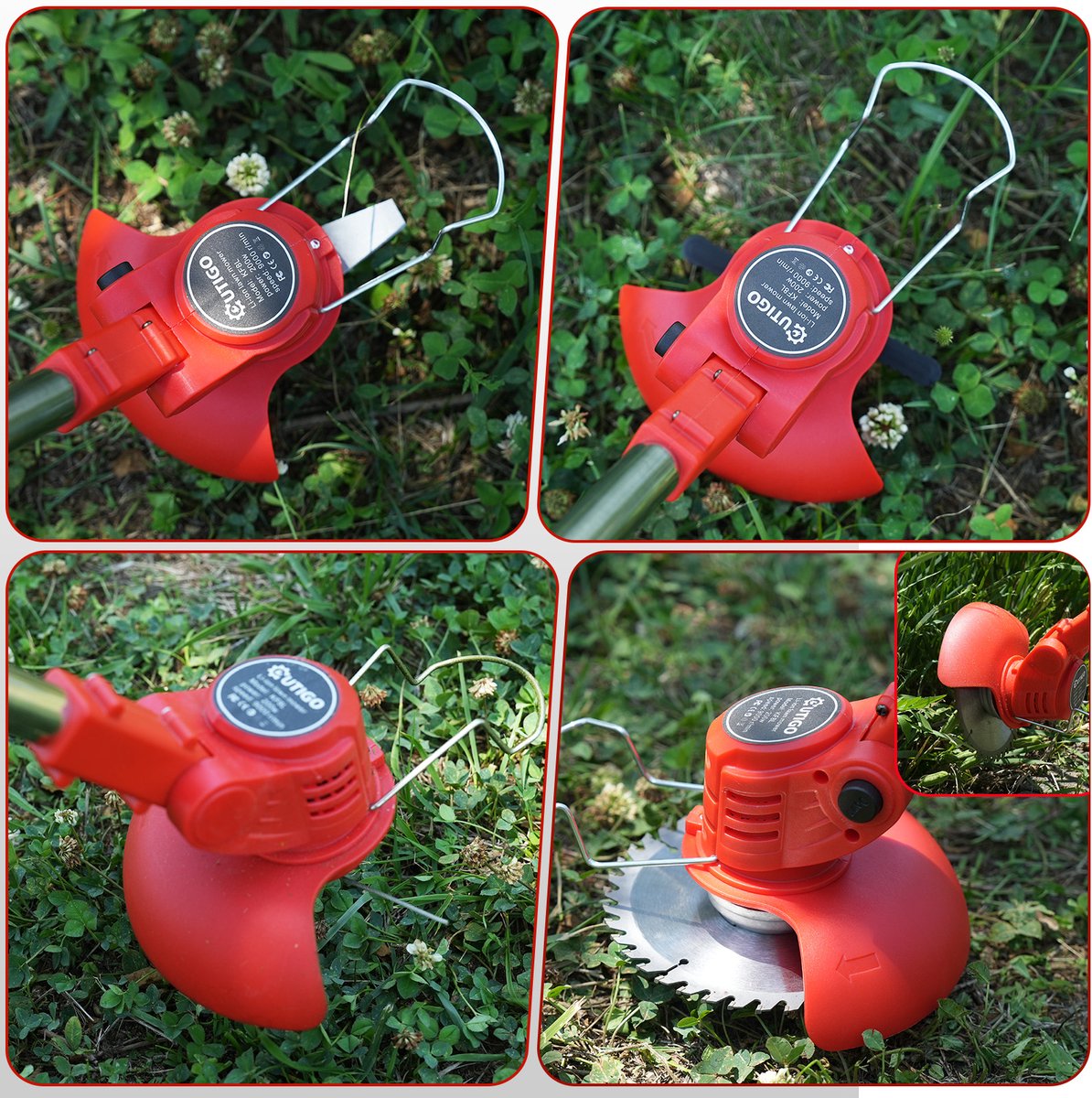 Accu grastrimmer met accu,OUTIGO opvouwbare grasmaaier, Draadloze grasmaaier, gazonkantentrimmer met 2 accu's 21V en 4 mestypen + 1 tuinschaar – foto 5